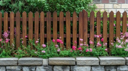 Fototapeta premium Brown picket fence with concrete and brick wall in a garden setting. Strong, hard material with a natural wood stain, adding charm to outdoor space.