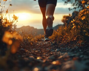 Fitness journey with a person running on a scenic trail, sunrise in the background, capturing a sense of achievement, Dynamic, Warm Tones, High Energy