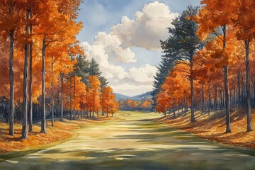 Fototapeta premium Landscape of Autumn Golf Course with Golden Leaves and Nostalgic Terrain