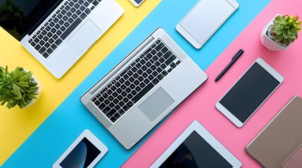 Different modern devices on color background. 