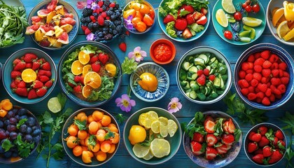 Healthy diet with a table full of colorful, nutritious dishes, capturing the essence of healthy eating, Vibrant, Bright, Detailed