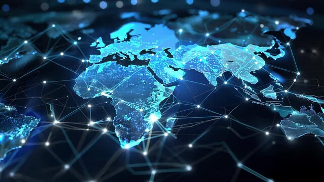 A digital world map with glowing lines representing connectivity and technology, showcasing global networks and data exchange.