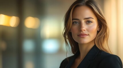 Fototapeta premium Professional portrait of a confident businesswoman in a sleek, modern setting, captured with strong lighting, Professional, Warm Tones, High Detail