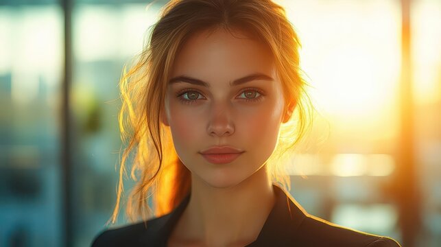 Professional portrait of a confident businesswoman in a sleek, modern setting, captured with strong lighting, Professional, Warm Tones, High Detail