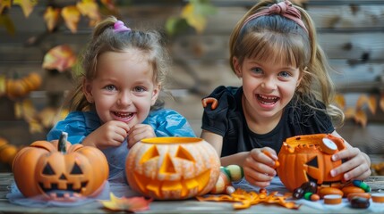 Fototapeta premium Children celebrating hallowing,candies, candles,jack o lantern,pumpkins,halloween treats and sweets