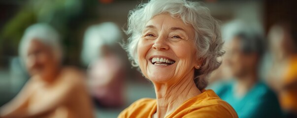 Senior fitness with a group of elderly people in a gentle exercise class, laughing and enjoying the activity, Supportive, Warm, High Energy