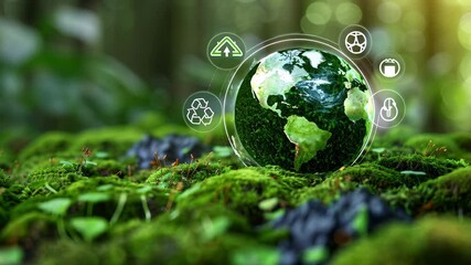 A globe covered in green moss symbolizes environmental sustainability and the importance of nature conservation. Eco-friendly concept.