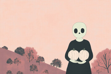 Minimalist Skeleton Holding Pumpkins in a Pastel Landscape