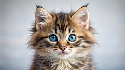 Close up of an adorable tabby kitten with big blue eyes, fluffy fur
