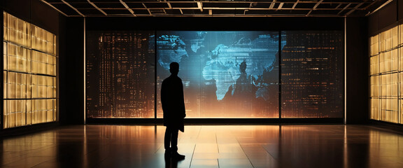 The Global Strategist: A lone figure contemplates the intricate map of the world projected on a large screen in a sleek and modern setting, symbolizing ambition, innovation, and the pursuit of global 