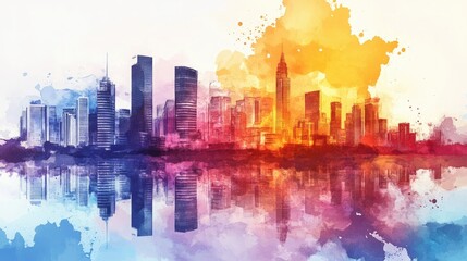 Fototapeta premium A vibrant watercolor skyline reflecting colorful hues at sunrise, showcasing modern architecture and urban beauty.
