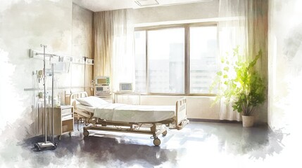Bright and clean hospital room featuring a bed, medical equipment, and large windows with natural sunlight.