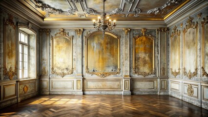 Decadent vintage room with peeling silver and gold paint, capturing faded grandeur and glamour