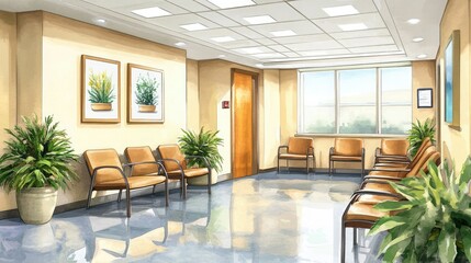 Fototapeta premium Modern waiting room interior featuring comfortable chairs, plants, and artwork. Bright and inviting atmosphere for visitors.