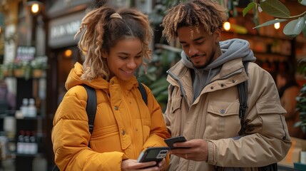 Fototapeta premium Young Couple Enjoying a Casual Moment Together While Using Mobile Phones in a Cozy Urban Setting