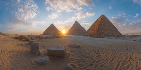 Photo of The Pyramids in Egypt with the sun setting behind them