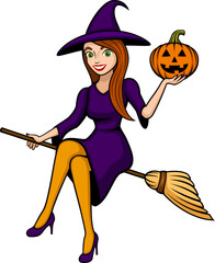 Vector illustration of a pretty witch sitting, legs-crossed, on a broom, smiling and holding a jack-o-lantern.