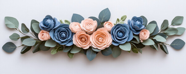 A bouquet of flowers with blue and pink flowers. The flowers are arranged in a row and are surrounded by green leaves