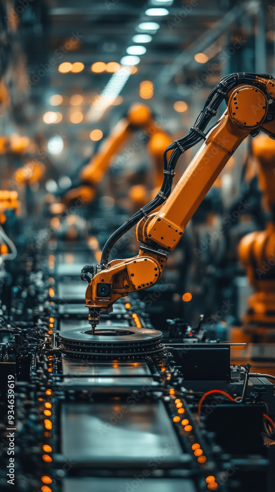 Poster a robot is working on a machine in a factory. the robot is orange and has a long arm. the factory is