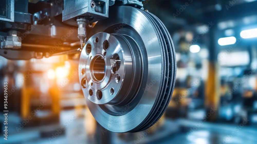 Poster a wheel is suspended in the air with a machine working on it. concept of precision and technical exp