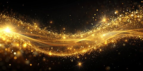 Obraz premium Golden fluid particles forming an abstract galaxy with glowing black background, perfect for futuristic and creative designs