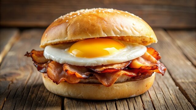 Delicious British bacon butty with crispy bacon, fried egg, and HP sauce on a soft roll