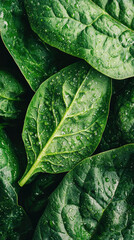 A close up of a leafy green plant with droplets of water on it. Concept of freshness and vitality, as the water droplets on the leafy greens suggest that they are well-nourished