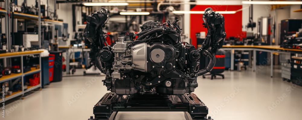 Poster a large engine is on display in a factory. the engine is black and shiny. the factory is clean and o