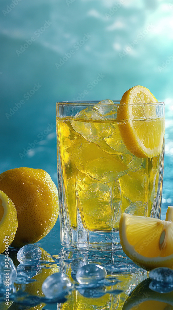 Aufkleber a glass of lemonade with ice cubes and a slice of lemon on the side. the glass is on a table with a 