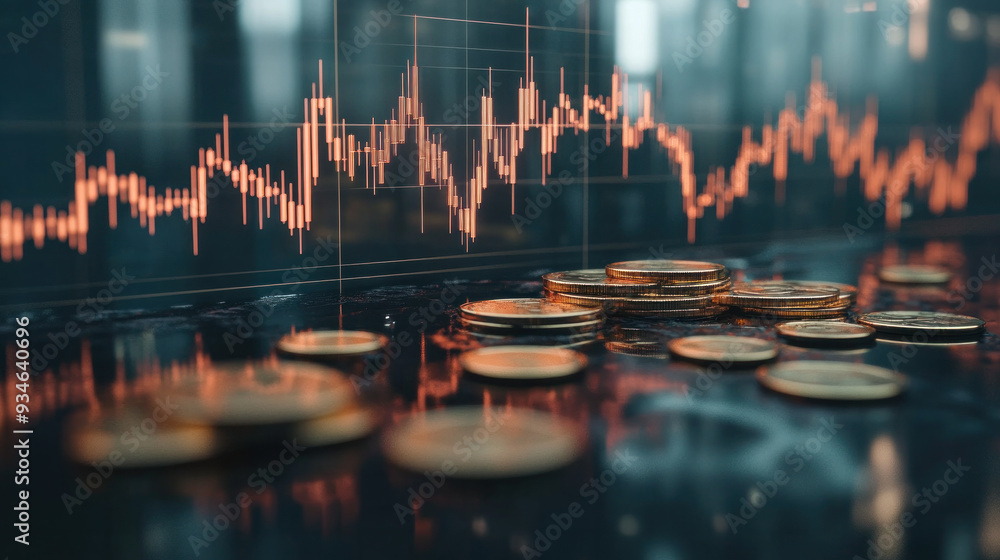 Poster a bunch of coins and a graph with red lines. the graph is showing a downward trend. the coins are sc