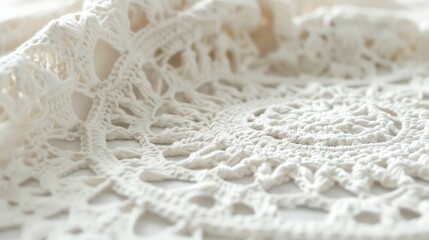 A close-up of white crochet fabric with a floral pattern.
