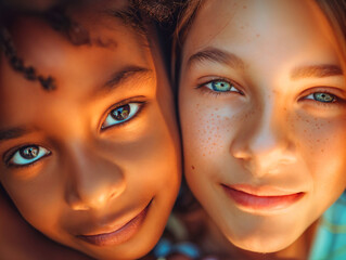 Two sisters with different racial features. Children. Closeup photo.