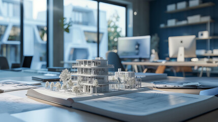 3d blue prints of a real estate project on a table in modern office, business 