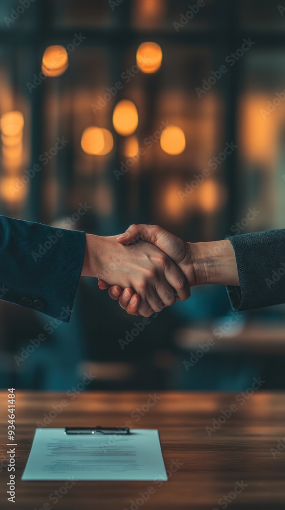 Poster two people shaking hands in front of a table with a piece of paper on it. scene is professional and 
