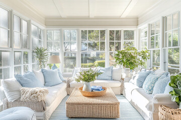Light and airy coastal sunroom with beachy accessories
