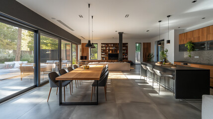 A contemporary dining and living space with large sliding glass doors opening to an outdoor area, highlighting modern architecture, design, and home living.