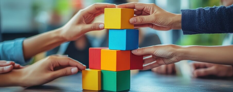 Hands of diverse people stacking blocks to build a tower, representing teamwork and cooperation