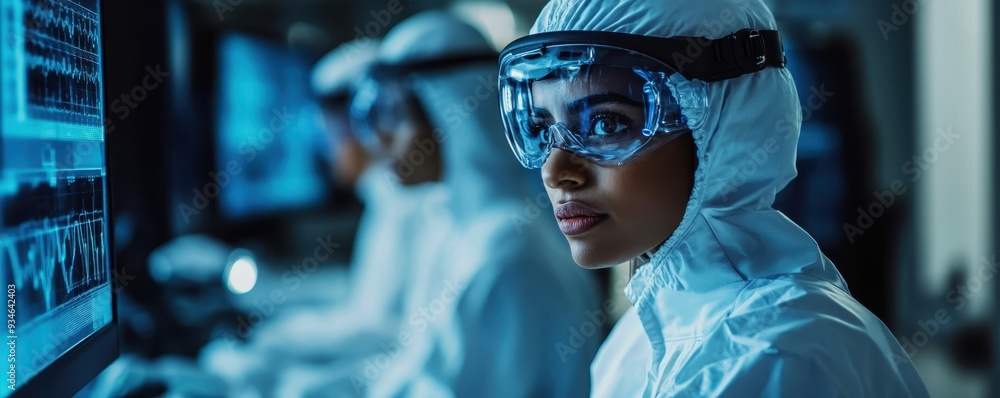 Aufkleber scientists from different cultures working on a breakthrough in a high-tech lab, representing intern