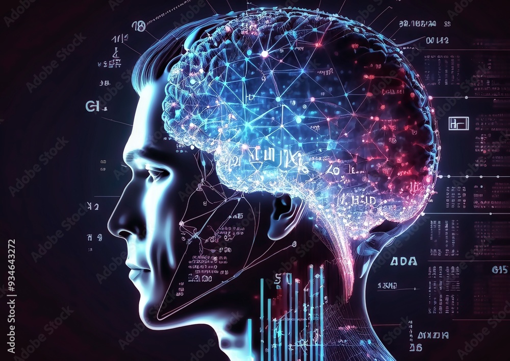 Poster conceptual illustration of the human brain against the background of mathematical formulas and diagr