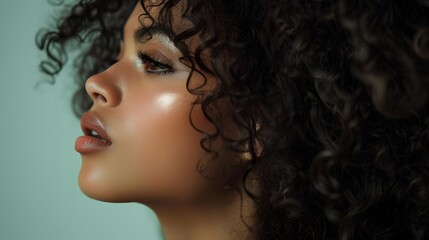 Fototapeta premium Beautiful woman in profile with long and shiny wavy hair . Beauty model girl with curly hairstyle . Fashion, cosmetics and makeup. 