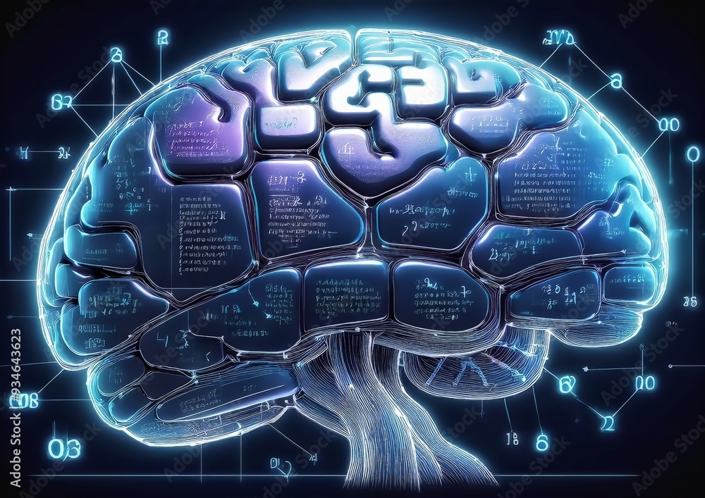 Poster conceptual illustration of the human brain against the background of mathematical formulas and diagr