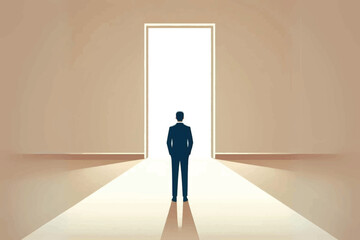 illustration of a businessman standing in front of a large white lighted door, as a symbol of the start of everything useful