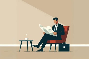 illustration of a businessman standing and sitting reading a newspaper while drinking coffee to increase knowledge in achieving success
