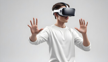 Naklejka premium Young man using VR virtual reality headset in studio portrait white background