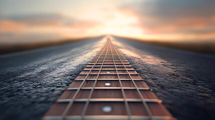 A creative image of a road stretching towards the horizon, with the surface resembling a guitar neck, symbolizing the journey of music and life. 