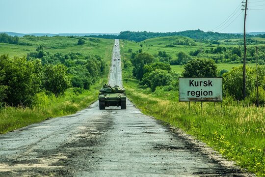 A summer road in Russia with cars and a tank driving by. On the right side of the frame is a road sign reading "Kursk region," depicted in a realistic style.






