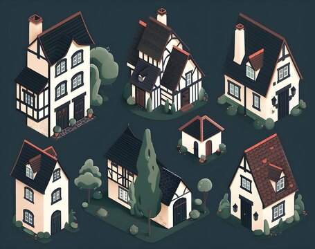 set of isometric houses, simple vector illustration, 3D render, front view, top down view, front and side views clipart element, prnt, business, workart