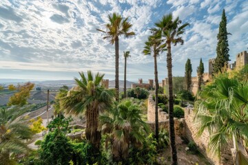 Photo of Palm trees growing on the walls at Al trianglee in Sil_flipin". blue sky with clouds