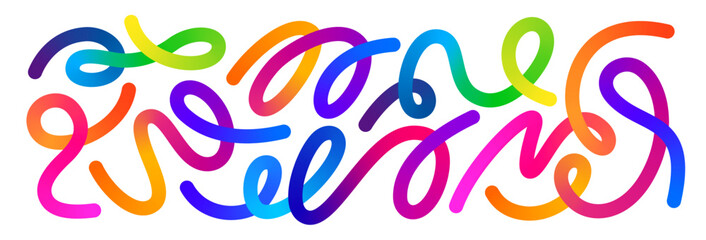 Abstract Color Rainbow Gradient Shapes Set. Vector Graphic with Wavy Lines in Bright Colors. Colorful Fluid Wave Pattern. Squiggly Design Elements.