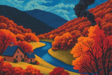 Rolling hills adorned with autumn foliage in shades of red, orange, and yellow. A calm river winds through the landscape, and a quaint village with smoke rising from chimneys completes this cozy autum